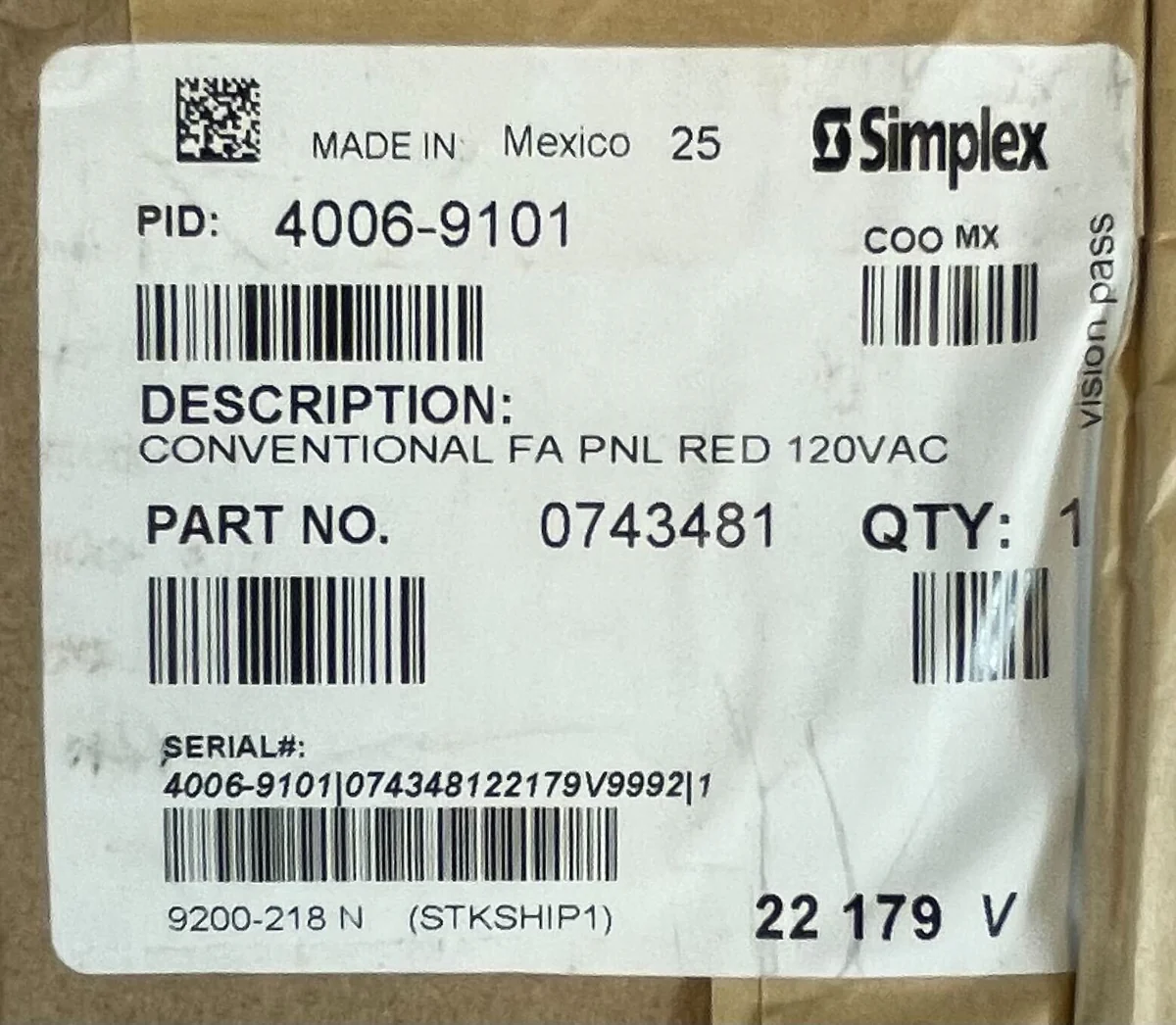 SIMPLEX 4006-9101 Fire Alarm Panel Red 120VAC