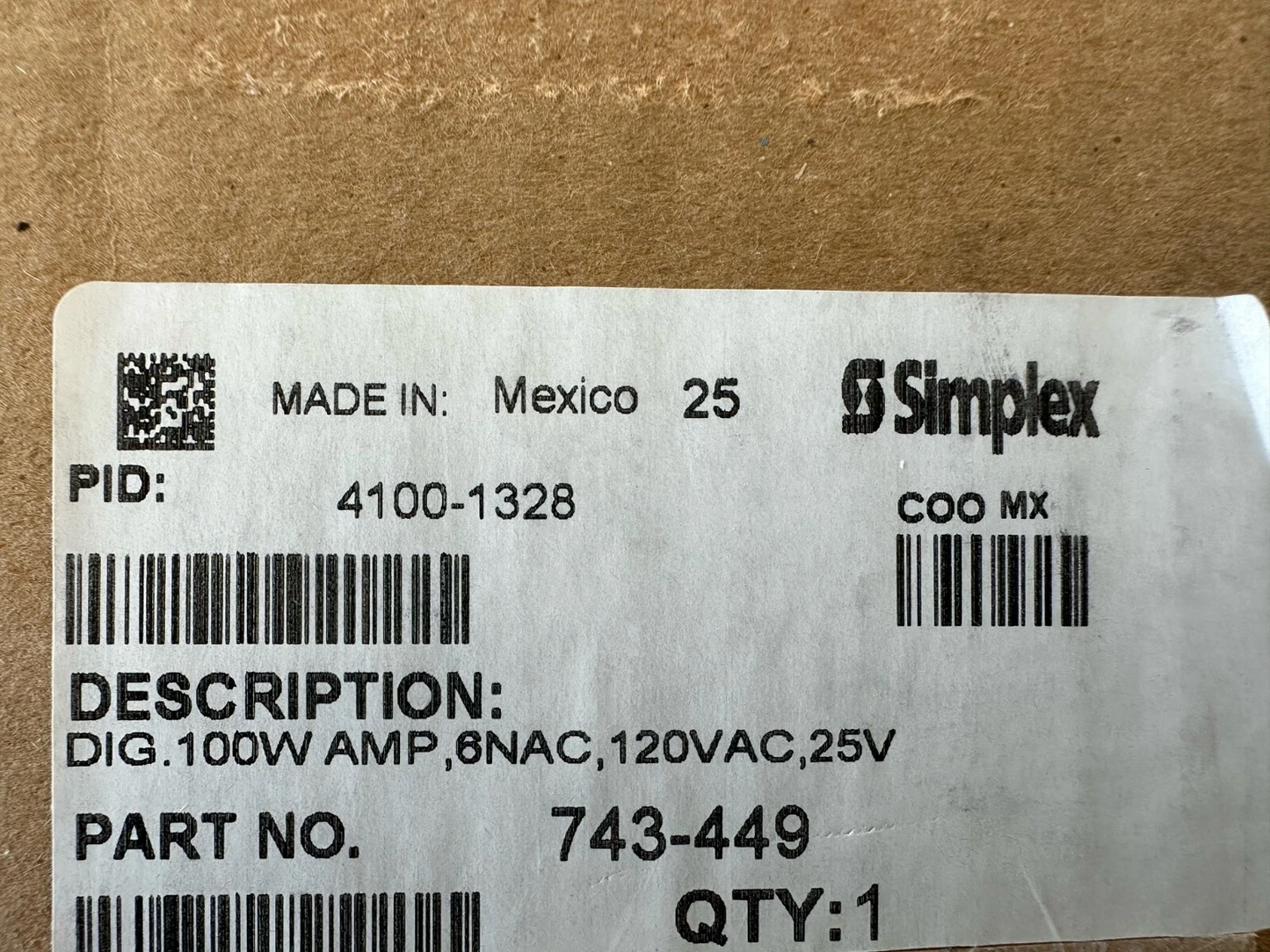 Simplex 4100-1328 Primary 100 W Amplifier, 25 VRMS, 120 VAC, 60 Hz