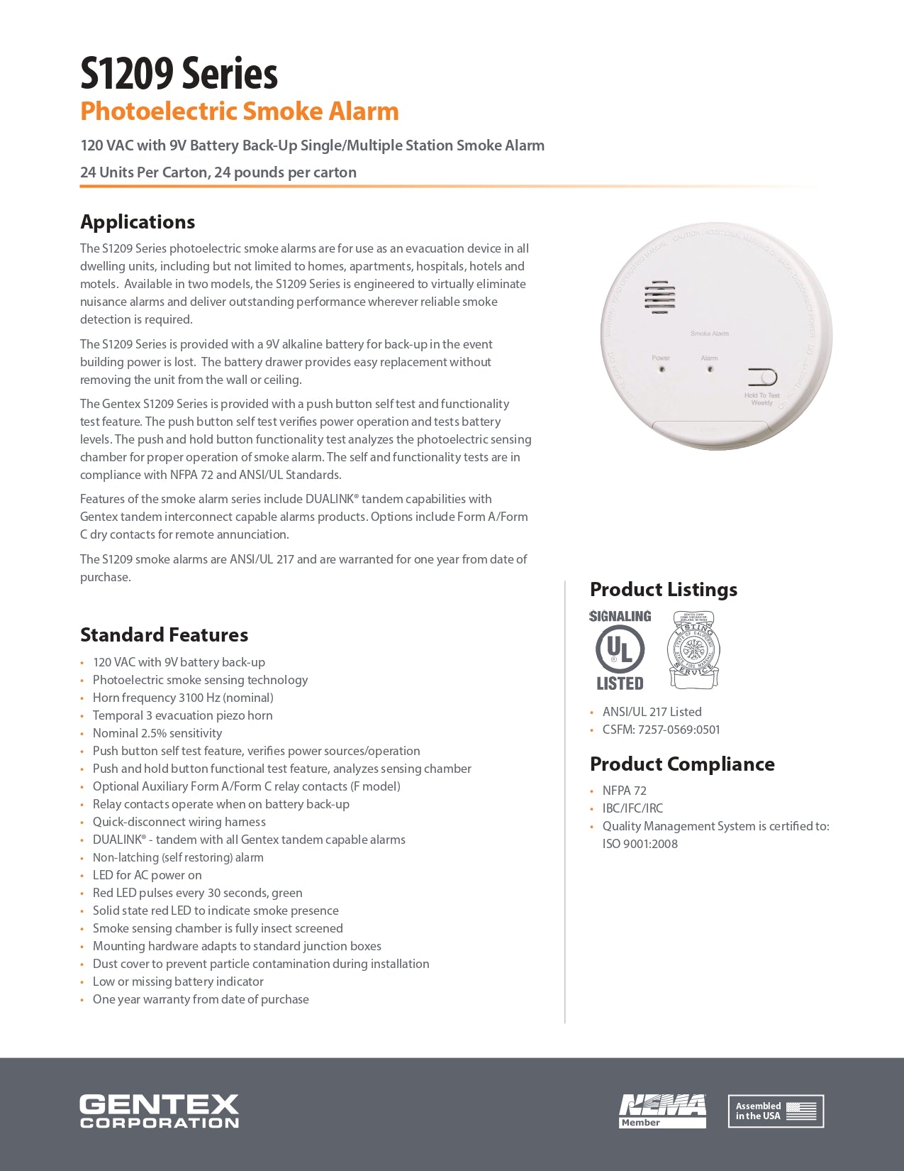 Gentex Corporation S1209F Photoelectric Smoke Alarm