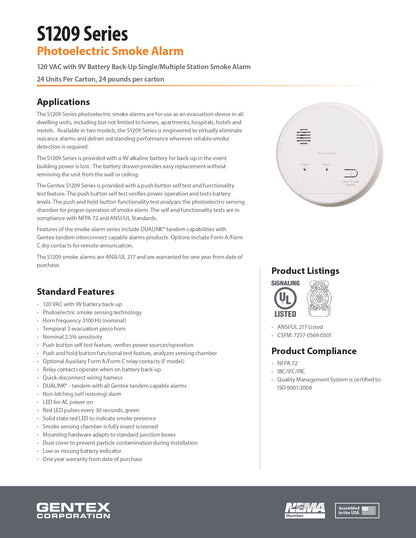 Gentex Corporation S1209F Photoelectric Smoke Alarm