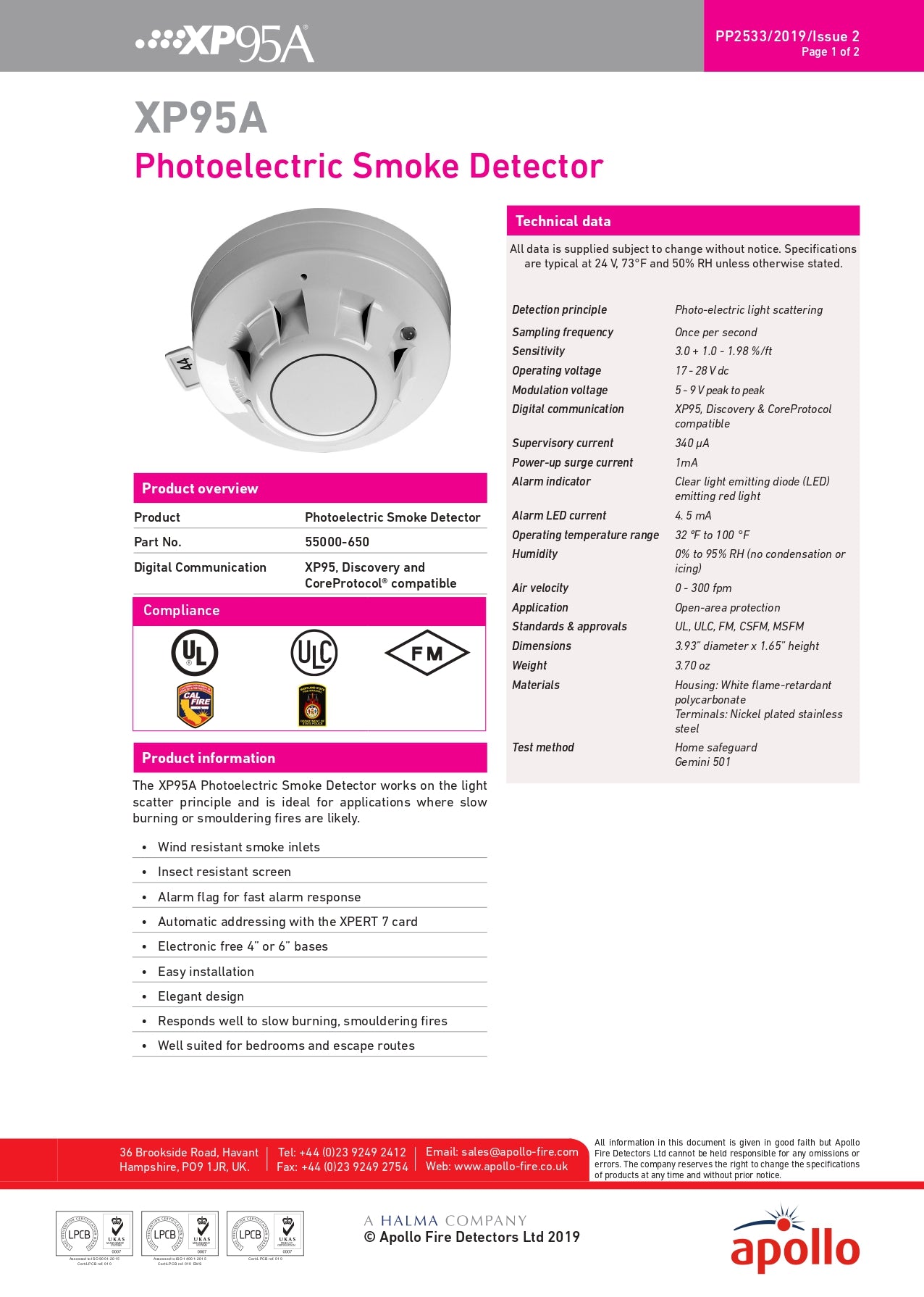 Apollo 55000-650APO XP95A Photoelectric Smoke Detector