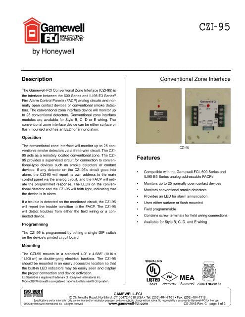 Gamewell FCI CZI-95 Addressable Conventional Zone Interface