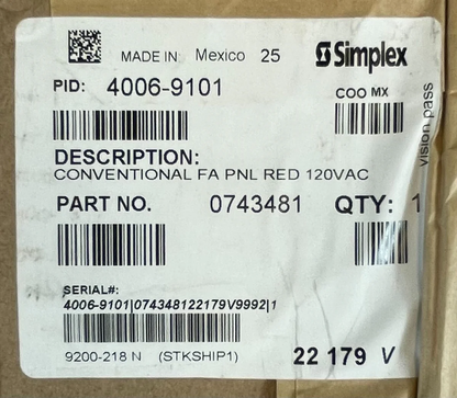 SIMPLEX 4006-9101 Fire Alarm Panel Red 120VAC